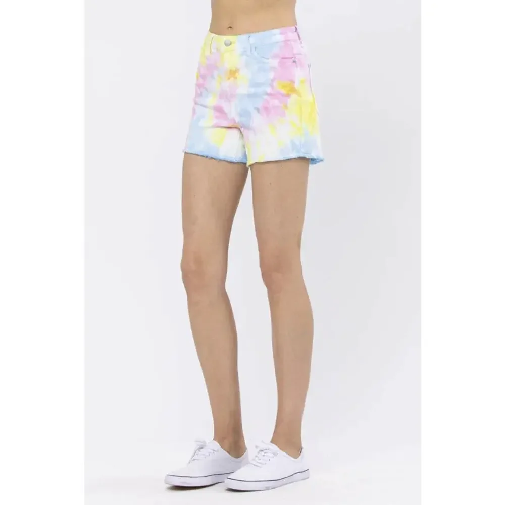 ✨2/$20 Judy Blue Swirl Tie Dye Raw Cut Off Denim Shorts Large Summer Festival - Picture 16 of 16